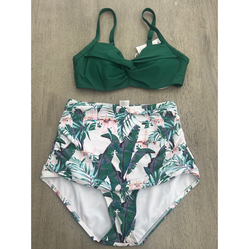 Cocoship Green Twist Front Bikini High Waisted Tropical Floral Swimsuit Set 4